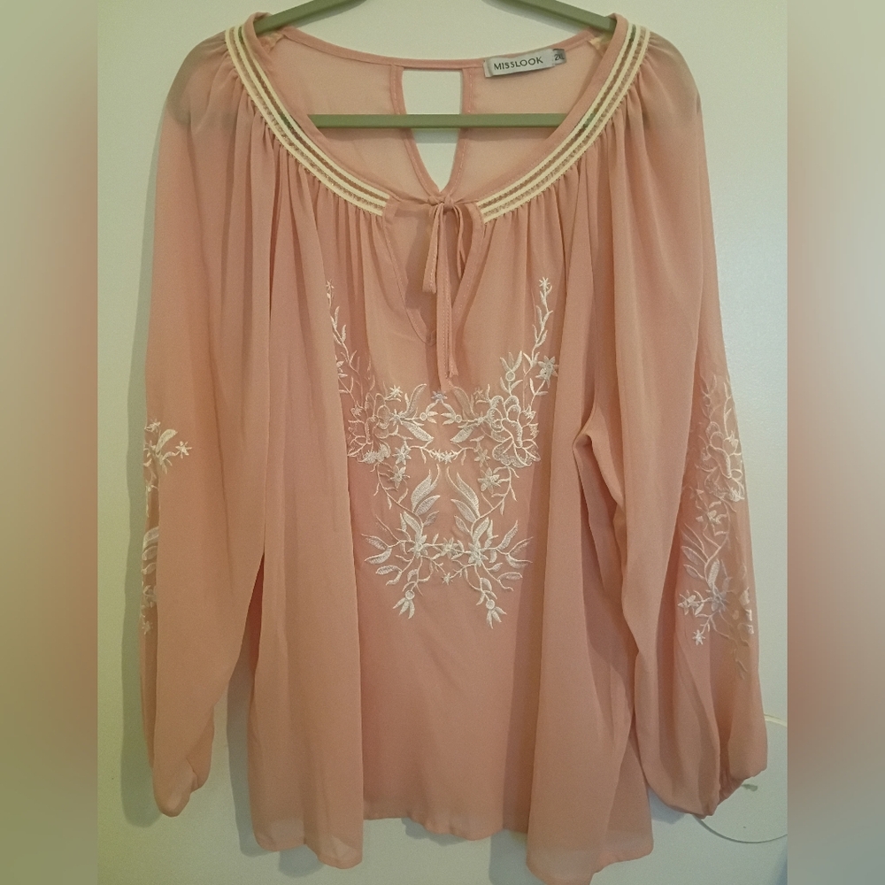 Misslook Women's Elegant Pink Embroidered Chiffon Sheer Top Sz 2X